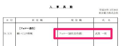 国会原発事故調査委員会に参考人として招致された東京電力フェロー(副社長待遇)の武黒一郎氏が退任します