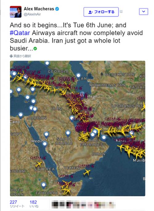 中東主要国の国交断交の影響　カタール行きの航空機がイラン上空で渋滞状態に