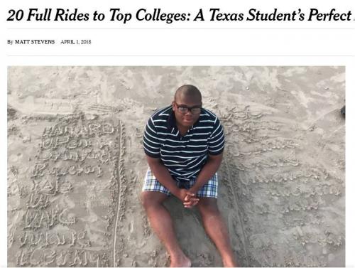 ハーバードやスタンフォードなどアメリカの名門大学20校全てに合格したテキサス州の高校生　しかも学費全額免除