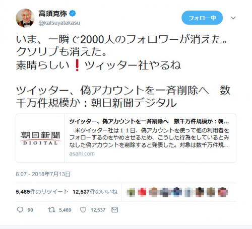 『Twitter』の偽アカウント削除で高須克弥院長「いま、一瞬で2000人のフォロワーが消えた。クソリプも消えた」