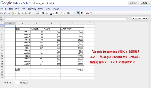 Googleドキュメント スプレッドシートの表示
