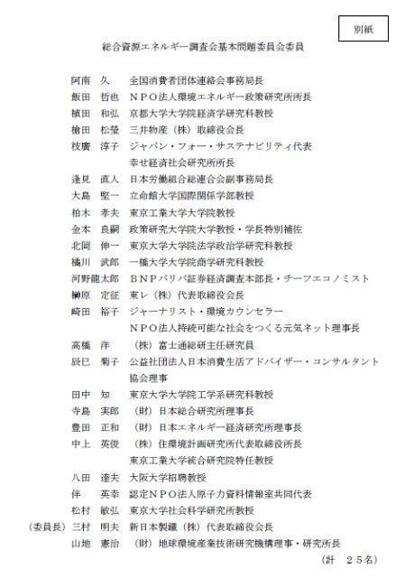 総合資源エネルギー調査会基本問題委員会委員のリスト