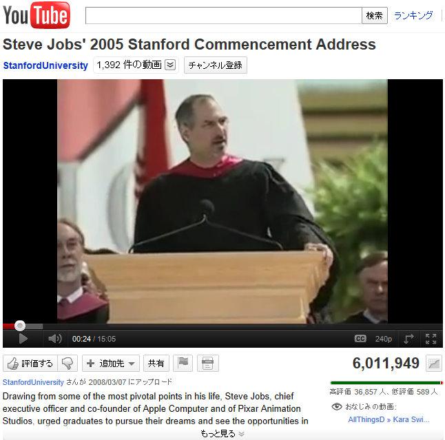 Youtubeに掲載された、2005年スタンフォード大学卒業式でのジョブズ氏のスピーチ動画