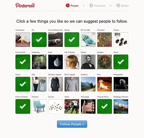 Pinterest ユーザー登録時のカテゴリー選択