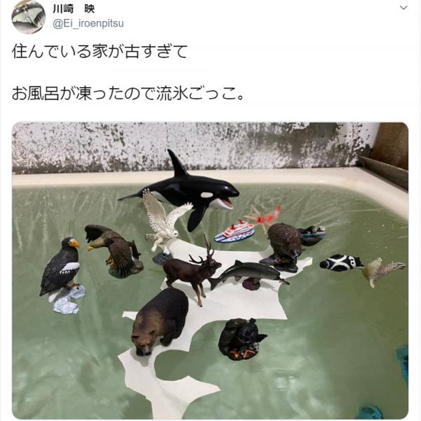 自宅のお風呂が凍ったので「流氷ごっこ」してみた…… 驚きの光景に注目集まる