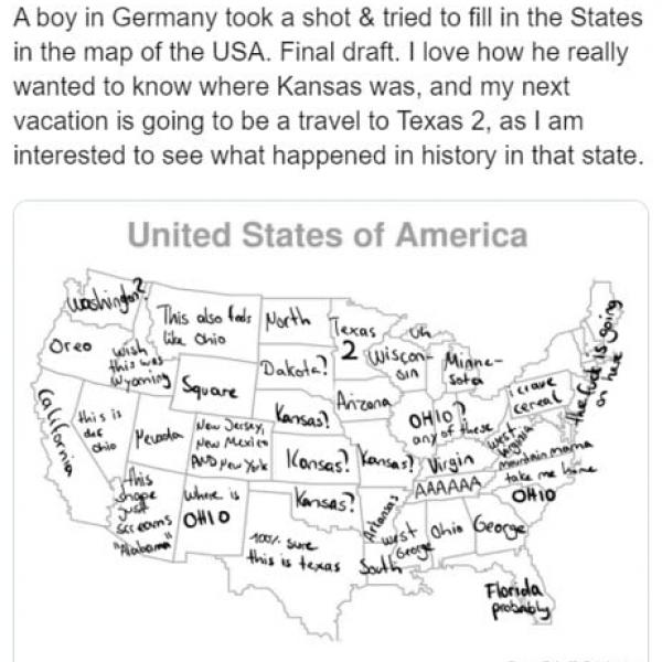 ドイツ人の少年がアメリカの州名を書いた地図 「アメリカ人の子供にヨーロッパの地図で同じことさせたらどうなるかな」