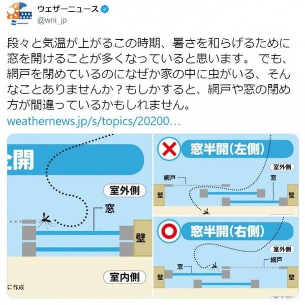 網戸を閉めてるのに虫が入ってくる？ 窓の正しい開け方を解説したウェザーニュースの投稿に注目