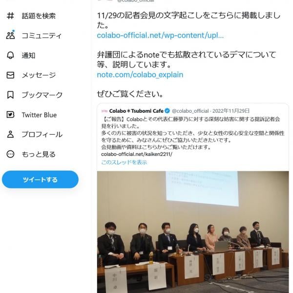 仁藤夢乃さん代表のColaboが昨年11月の記者会見の文字起こしを掲載　「会場の衆議院議員会館を借りた国会議員は誰？」との声も