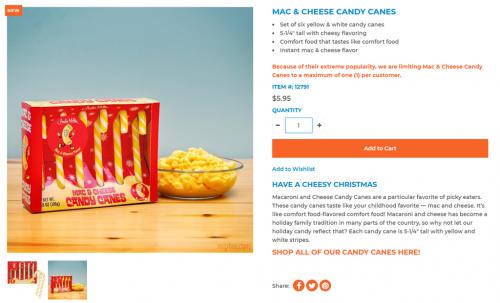 “あまじょっぱいお菓子”の最終兵器!?　マカロニ＆チーズ味のキャンディー『MAC ＆ CHEESE CANDY CANES』