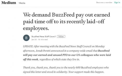 解雇した社員達の有給買い取りを拒否していたBuzzFeed　最終的には有給を買い取ることで労使関係修復