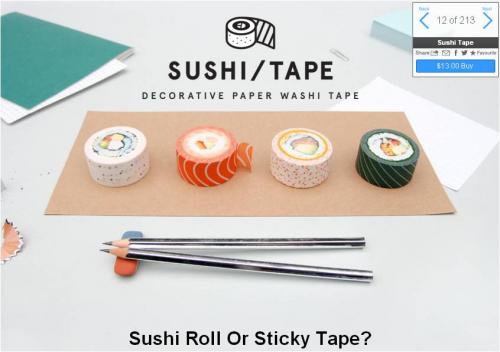 巻き寿司の形をしたマスキングテープ　商品名はド直球の『Sushi Tape』