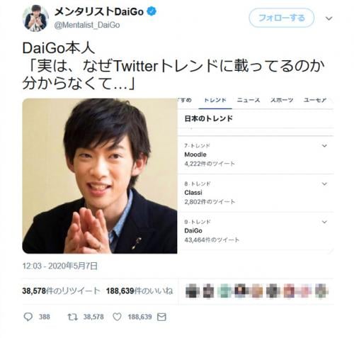 メンタリストDaiGoさん本人も困惑！？「実は、なぜTwitterトレンドに載ってるのか分からなくて…」大喜利がTwitterで大流行