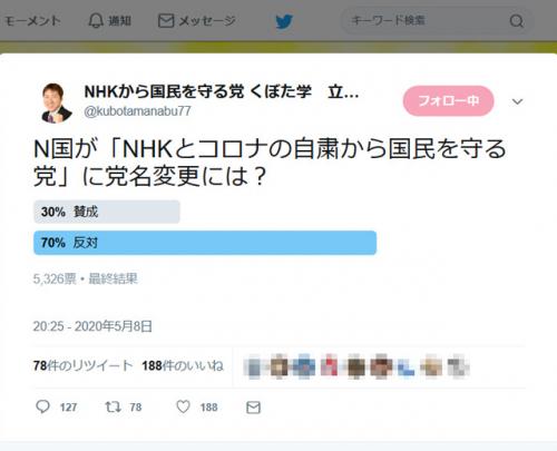 N国党が「NHKとコロナの自粛から国民を守る党」に党名変更？ くぼた学議員はTwitterでアンケート
