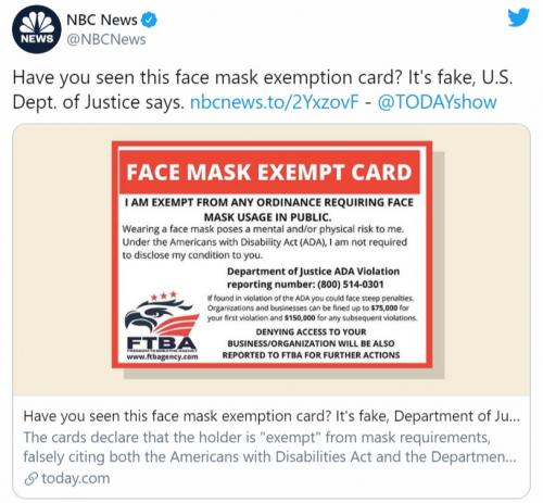 アメリカで「マスク着用免除カード」が出回る もちろんフェイクです