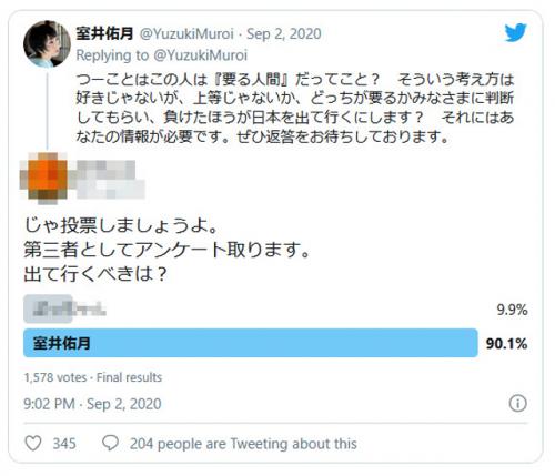 室井佑月さん「どっちが要るかみなさまに判断してもらい、負けたほうが日本を出て行くにします？」Twitterでバトルもアンケートは大差で敗北