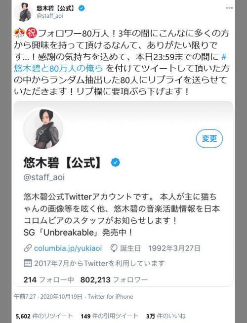 悠木碧さんのTwitterフォロワー数が80万人を突破！感謝企画のハッシュタグ「悠木碧と80万人の俺ら」がトレンド入り