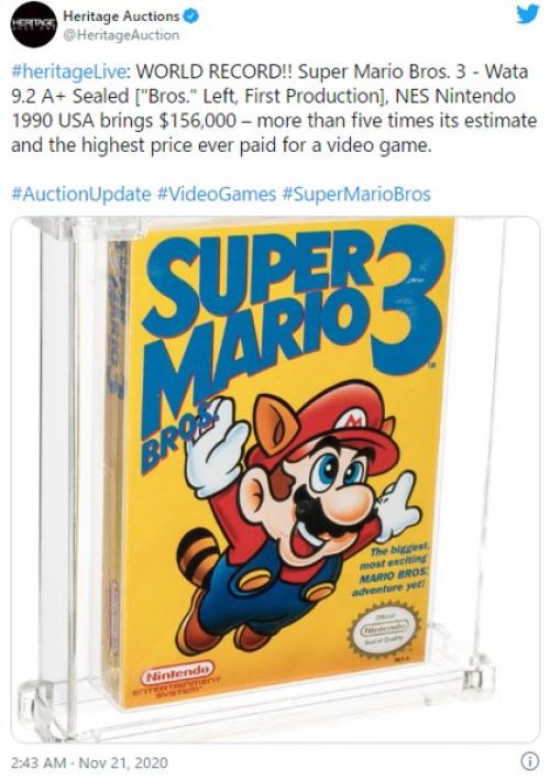『スーパーマリオブラザーズ3』が15万6000ドル（約1620万円）で落札される “オークションにおけるビデオゲームの落札額”として世界記録