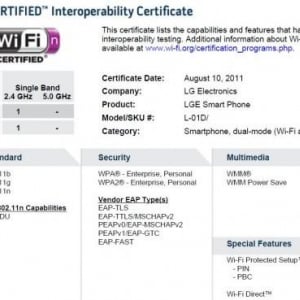 LG製「L-01D」がWi-Fi認証を通過、NTTドコモ向けスマートフォン？