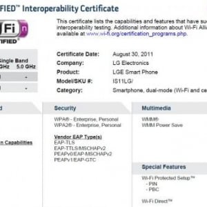 LG製「IS11LG」とSamsung製「SHV-E140K」がWi-Fi Allianceの認証通過