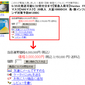 インフル向けマスクが300万円！ 店「定価600万円だけど今回は特別に300万円」