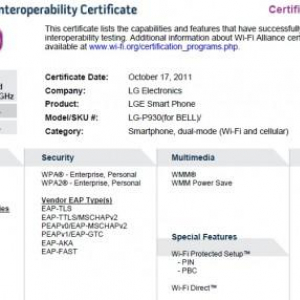 Optimus LTE？「LG-930」のカナダBell向けモデルがWi-Fi Allianceの認証を通過