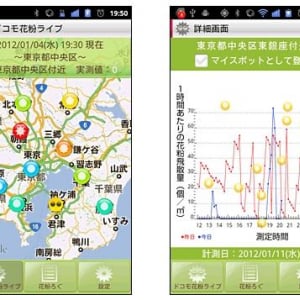 NTTドコモ、花粉飛散情報配信サービス「ドコモ花粉ライブ」を開始、Androidアプリも公開