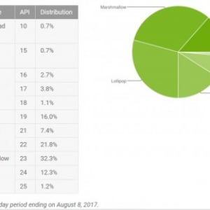 世界中で使われているAndroidのバージョン別シェア（2017年8月）、MarshmallowとNougatのシェアが増加