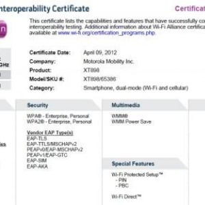 Motorola製「XT898」がWi-FiAllianceの認証を取得