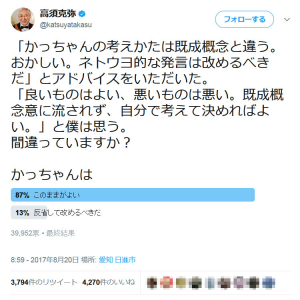 高須克弥院長は「ネトウヨ的な発言は改めるべき」！？　『Twitter』でアンケートの結果発表！