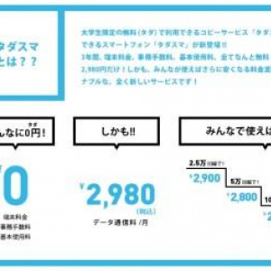 端末料金無料の大学生限定の格安スマートフォンサービス「タダスマ」の申込み受付が開始