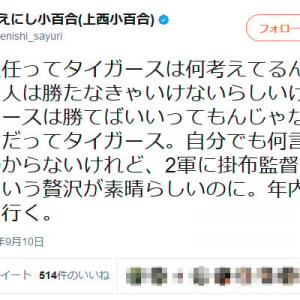 上西小百合議員「掛布退任ってタイガースは何考えてるんだろう」　阪神へのツイートに批判殺到