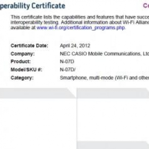 NECカシオのNTTドコモ向け端末「N-07D」がWi-Fi Allianceの認証機器リストに登場