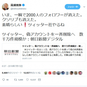 『Twitter』の偽アカウント削除で高須克弥院長「いま、一瞬で2000人のフォロワーが消えた。クソリプも消えた」