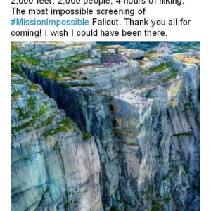 『ミッション：インポッシブル／フォールアウト』の上映会がロケ地ノルウェーの断崖絶壁で開催　トム・クルーズは不参加