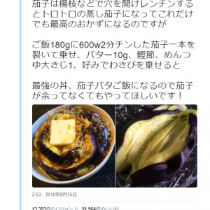 最強の丼『茄子バタご飯』がTwitterで話題　「絶品間違いない」「秒でできて簡単で茄子うま」