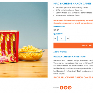 “あまじょっぱいお菓子”の最終兵器!?　マカロニ＆チーズ味のキャンディー『MAC ＆ CHEESE CANDY CANES』