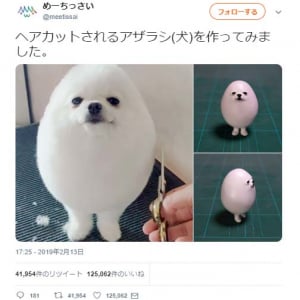 何に見える？　ヘアカットされる犬の造形作品に「正面からは犬、横からはハンプティダンプティ」「二足歩行する米粒」ツッコミ集まる