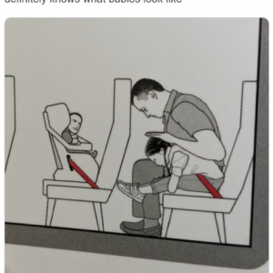 飛行機内の安全ガイドに掲載されていた老け顔すぎる赤ちゃん 「この赤ちゃんは税金も家のローンも払ってるんだろうな」