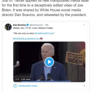 トランプ大統領のソーシャルメディア・ディレクターが投稿した動画に「操作されたメディア」のラベルが貼られる