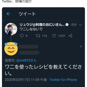 「ワニしなないで」  料理研究家・リュウジさんのツイートに寄せられた鬼畜リプライが話題