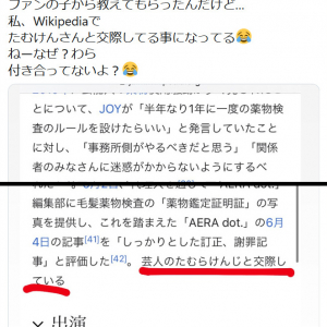 ダレノガレ明美さん「私、Wikipediaでたむけんさんと交際してる事になってる」記述に疑問のツイート　たむらけんじさん本人も反応