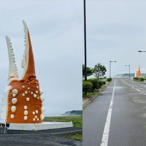 オホーツク海を望む海岸沿いにポツン･･･(笑) 巨大なカニ爪のオブジェがシュール