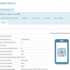 ”Google Nexus 4”がGL Benchmarkの公式サイトに登場、Android 4.2（JVP15L）を搭載