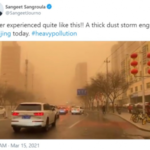 黄砂で文字通り真っ黄色になってしまった北京 「中国でマスクが必要なもう1つの理由」「恐ろしい光景だ」