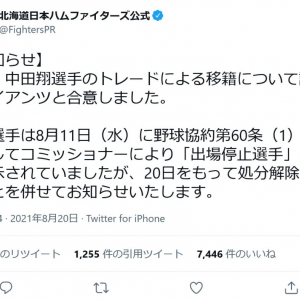 北海道日本ハム公式「本日、中田翔選手のトレードによる移籍について読売ジャイアンツと合意しました」　ツイートにはさまざまな反応