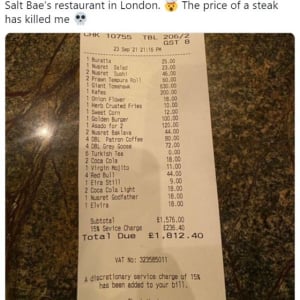 塩振りおじさんがロンドンにオープンしたレストランのレシートに注目集まる 「レッドブル4本で44ポンド（約6600円）。冗談だろ」「サービスチャージだけで200ポンド（約3万円）以上かよ」