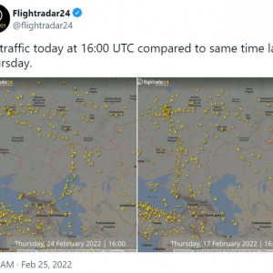 「みんなウクライナの領空に入らないよう迂回してる」 民間航空機の運航状況が表示されるFlightradar24のツイートに注目集まる