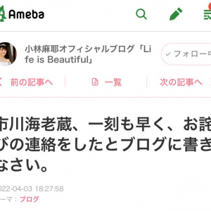 小林麻耶さん「市川海老蔵、一刻も早く、お詫びの連絡をしたとブログに書きなさい」ブログで警告
