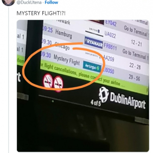 ダブリン空港の発着便案内モニターに表示された“ミステリーフライト” 「旅行ガチャ」「大事なのは目的地ではなく旅をすること」