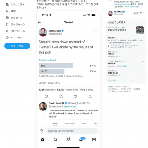 Twitterのイーロン・マスクCEOが自ら行った「トップ辞任すべきか」のアンケート　辞任に賛成が57・5％との結果に